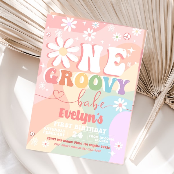 Editable One Groovy Babe 1st Birthday Party Invite rainbow Invitation Boho Retro Hippie Floral Daisy 70's Invitation Instant Download