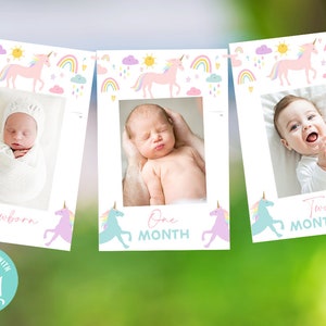 Unicorn first birthday monthly milestone banner Monthly photo banner Unicorns and rainbows 1st birthday decorations photo display welcome