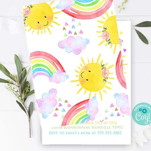 May include: A printable invitation with a rainbow, clouds, and suns. The text on the invitation reads "December 5th at 5pm", "1058 Rainbowway, Rainville 93992", and "RSVP to Emily's Mom at 595-555-3882".