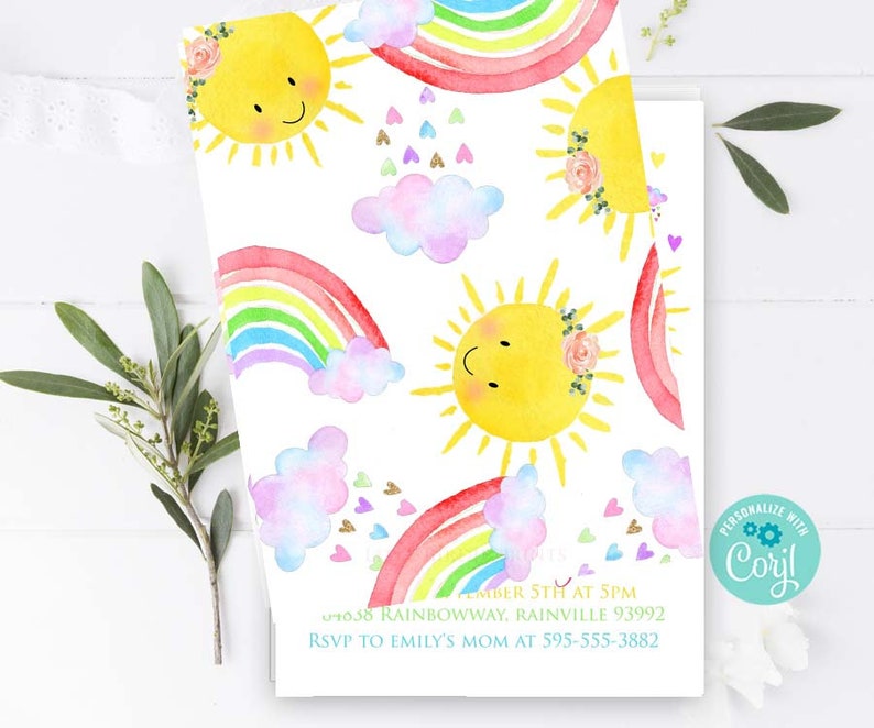 May include: A printable invitation with a rainbow, clouds, and suns. The text on the invitation reads "December 5th at 5pm", "1058 Rainbowway, Rainville 93992", and "RSVP to Emily's Mom at 595-555-3882".