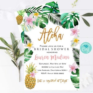 TROPICAL BRIDAL SHOWER Invitation Pineapple Bridal Shower Invitation Palm Leaves Bridal Shower Invitation Luau Hawaiian Bridal Shower Invite image 1