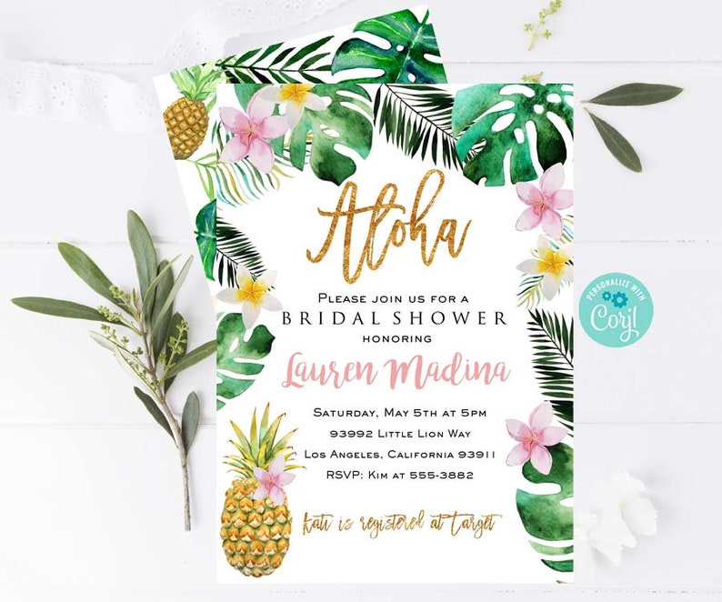 TROPICAL BRIDAL SHOWER Invitation Pineapple Bridal Shower Invitation Palm Leaves Bridal Shower Invitation Luau Hawaiian Bridal Shower Invite image 1