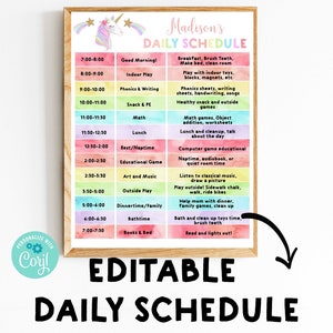 Unicorn Homeschool schedule Rainbow School Schedule for kids Daily Schedule Editable Printable Chore chart, Daily Planner, Instant download image 1