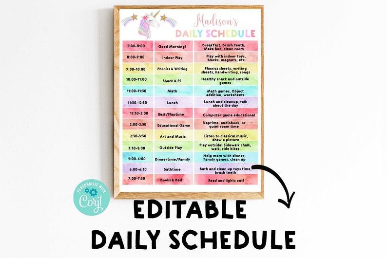 Unicorn Homeschool schedule Rainbow School Schedule for kids Daily Schedule Editable Printable Chore chart, Daily Planner, Instant download image 1