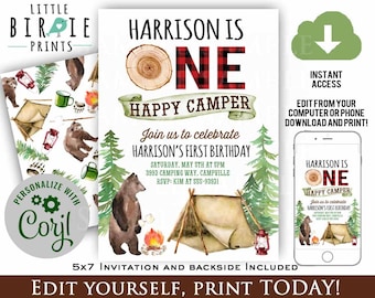 ONE HAPPY CAMPER Invitation Camping birthday invitation Camper birthday invitation Camp first birthday Lumberjack first birthday instant