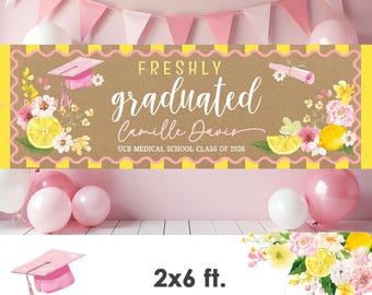 Freshly graduated Graduation party banner Brown paper Kraft paper painted banner,  Pink Citrus Lemon decorations Printable instant download