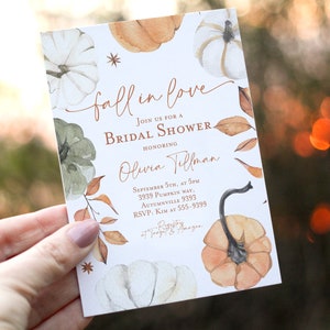 Fall in love bridal shower invitation, Pumpkin bridal shower invitation, Autumn bridal shower fall leaves flowers, template instant download