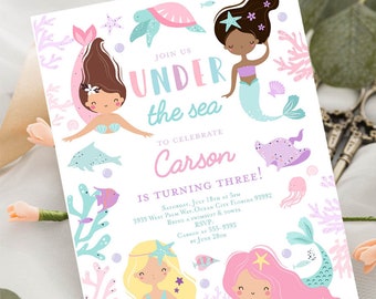 May include: Invitation to a mermaid-themed birthday party for Carson turning three. The invitation features colorful mermaids, sea creatures, and the text "Join us under the sea to celebrate Carson is turning three!" with party details.