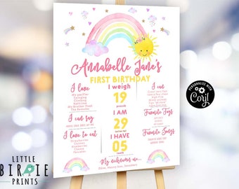 May include: A colorful printable first birthday sign with a rainbow, clouds, and a sun. The sign includes the name "Annabelle Jane's", and details about the child's first year, including weight, height, and favorite things.