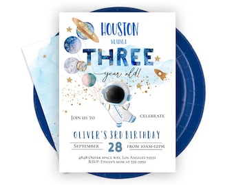 Invitación de cumpleaños de astronauta para tercer cumpleaños, invitación de Houston para un niño de tres años, invitación de cumpleaños espacial, invitación imprimible de planetas del espacio exterior