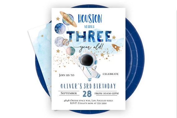 Astronaut third birthday invitation, Houston we have a three year old invitation, Space birthday invitation, Outer space planets printable