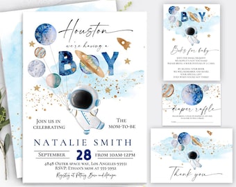 Astronaut Space Baby shower invitation, Outer space baby shower invitation planets balloons, Houston we have a boy, Boy space baby shower