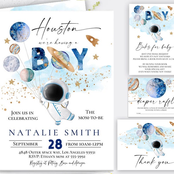 Astronaut Space Baby shower invitation, Outer space baby shower invitation planets balloons, Houston we have a boy, Boy space baby shower