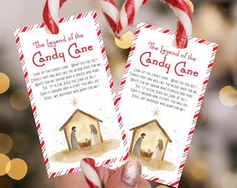 Étiquette-cadeau Légende de la canne en bonbon imprimable Jesus Christian Gospel, étiquettes cadeaux pour cannes de bonbon, téléchargement immédiat pour cadeau d'école, cadeau de Noël