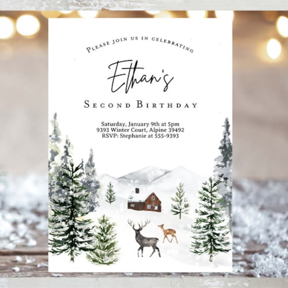 Editable Winter birthday invitation Christmas trees deer log cabin invitation, Snow snowflake boy invitation, winter deer hunting invitation