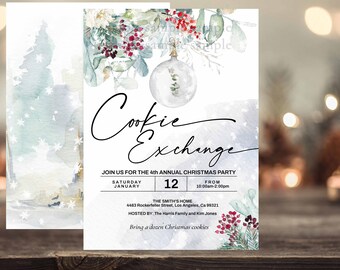 COOKIE EXCHANGE party invitation Christmas cookie exchange invitation, Cookie swap invitation Winter greenery red green flowers ornament