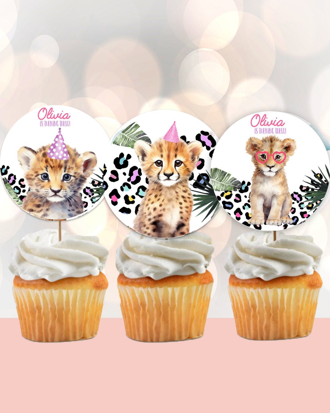 Safari Birthday Cupcake Toppers Girl Pink, Party Animals Leopard Print