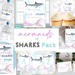 MERMAID and SHARK INVITATION Mermaid and shark birthday invitation Dual Sibling Boy Girl Birthday Pack Favor tags cupcake toppers banner