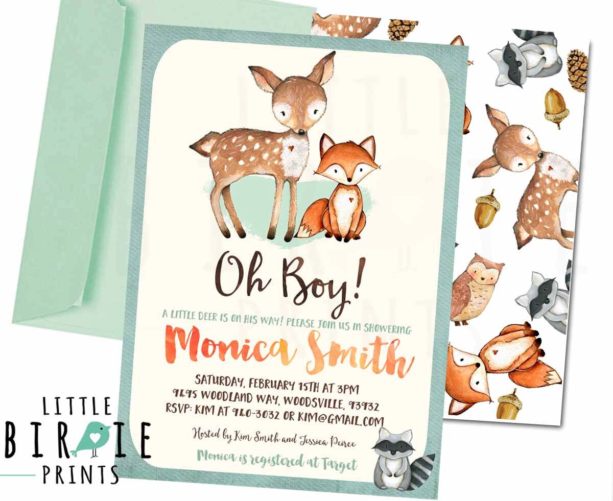Woodland Baby Shower Invitation Deer Fox Oh Boy Watercolor