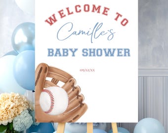 Cartello di benvenuto modificabile per baby shower di baseball, decorazioni per baby shower di baseball Scarica modello stampabile Baby shower Little Rookie Slugger