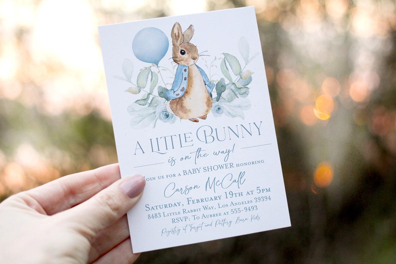 Editable Bunny Baby shower invitation Boy Blue Rabbit baby shower invitation A little bunny is on the way printable