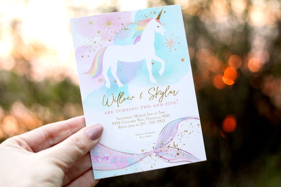 Unicorns Mermaids invitation, Unicorns and Mermaids invitation template, Editable Sibling Dual Girl Birthday Invitation Twins girls, Rainbow