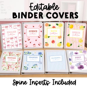 May include: A collection of eight editable binder covers featuring various patterns including pink bows, cherries, citrus fruits, strawberries, blue hydrangeas, and purple flowers. Each cover displays a subject name and the name Camille Davis.