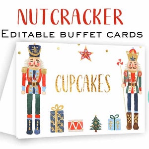 Cartes de buffet casse-noisette modifiables entrez votre propre texte cartes de lieu de buffet de Noël cartes de lieu de fête d'anniversaire de casse-noisette cartes de place or