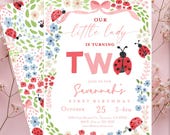 Ladybug 2nd birthday party invitation, little lady is turning two, Spring bugs second birthday party pink bows wildflowers invitation floral