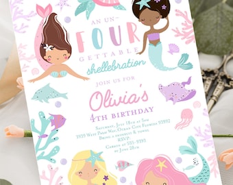 Editable Mermaid birthday invitation 4th birthday fourth birthday un-four-gettable shellebration Mermaid under the sea Pool party printable