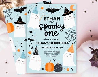 Boy Spooky One Halloween Ghost 1st Birthday Party Invitation Editable, Blue Ghost First Birthday Spooktacular 1st Birthday Instant download