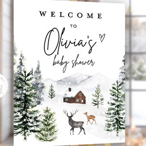 Baby it's cold outside baby shower welcome sign boy or gender neutral, Winter log cabin forest Christmas trees pine trees snow snowflakes