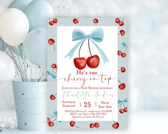 Editable Blue Cherry baby shower invitation, He's the cherry on top, Boy blue cherries invitation blue bow, Fruit summer cherry coquette