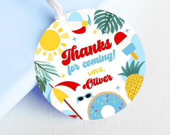 May include: Round thank you tag with a summer theme. It features a sun, palm trees, an umbrella, sunglasses, a doughnut, a pineapple, and an ice cream cone. The text reads "Thanks for coming! Love, Oliver".