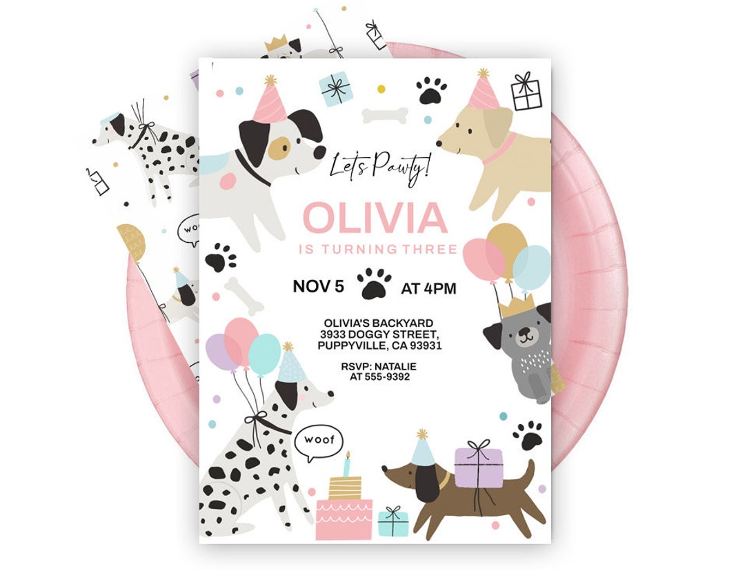 Girl Puppy Dog Birthday Party Invitation Girl Puppy Dog Pawty - Etsy