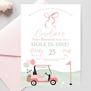 Hole In One First Birthday Invitation Editable Golf 1st Birthday Girl Invite Template Golf first birthday partee invitation Pink golf party