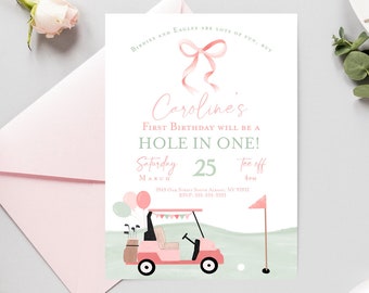 Hole In One First Birthday Invitation Editable Golf 1st Birthday Girl Invite Template Golf first birthday partee invitation Pink golf party