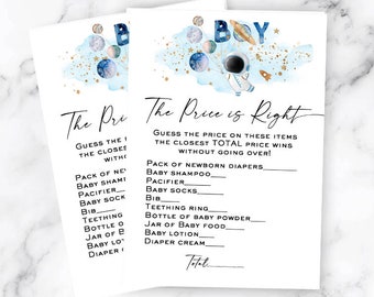 Juego de baby shower en el espacio exterior El precio es correcto, Baby Astronaut Planets Juego de baby shower espacial en el espacio, juego de cartas de preguntas y respuestas, planetas lunares