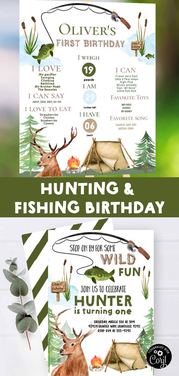 HUNTING FISHING Birthday Invitation Deer Fish Birthday Invitation Outdoor  Adventure Camping First Birthday Any Age Invitation Wild One 