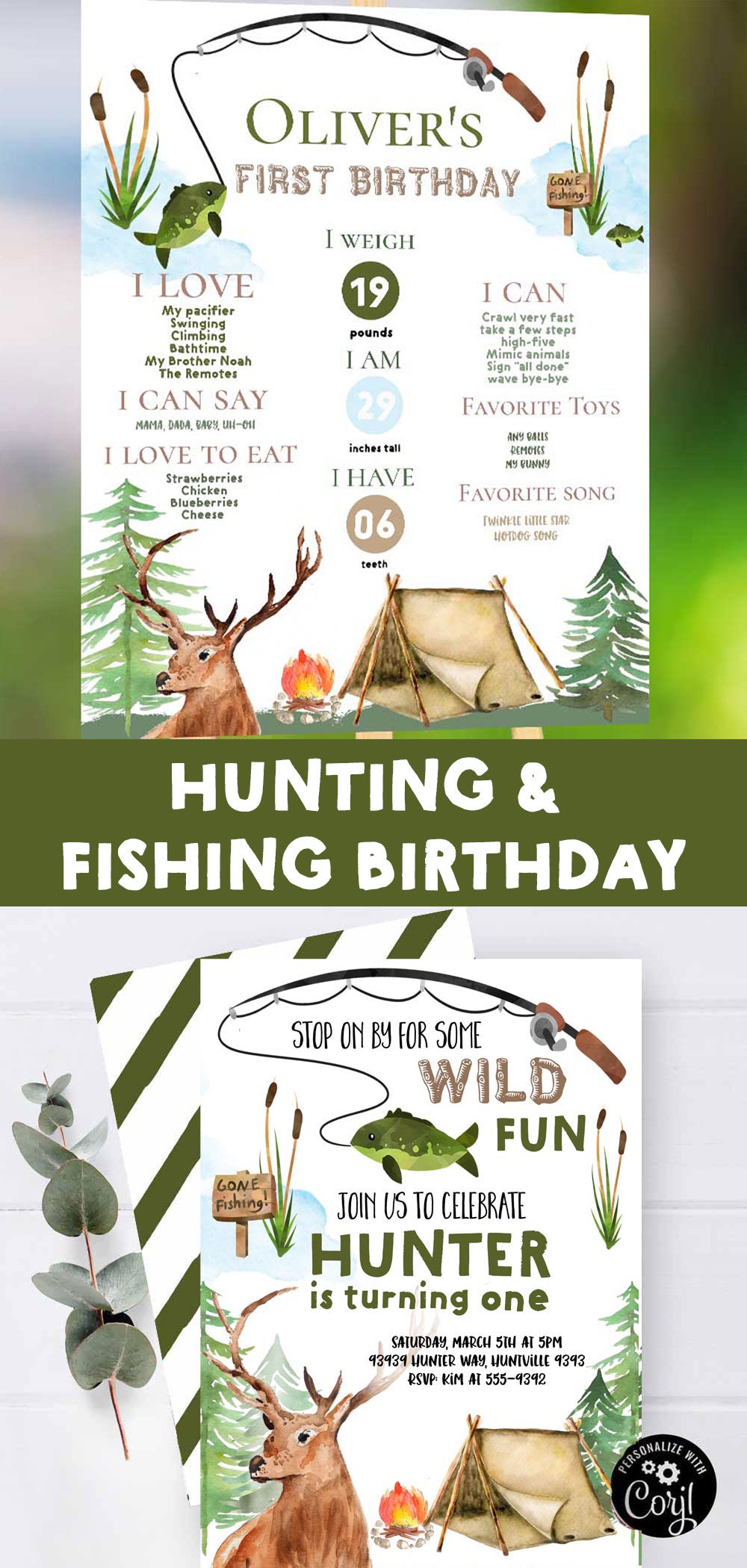 HUNTING FISHING Birthday Invitation Deer Fish Birthday Invitation