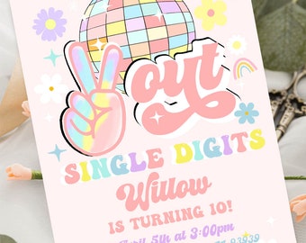 Editable Peace out single digits invitation Groovy 10th birthday party invitation tenth birthday, Retro 70's disco ball daisy invitation