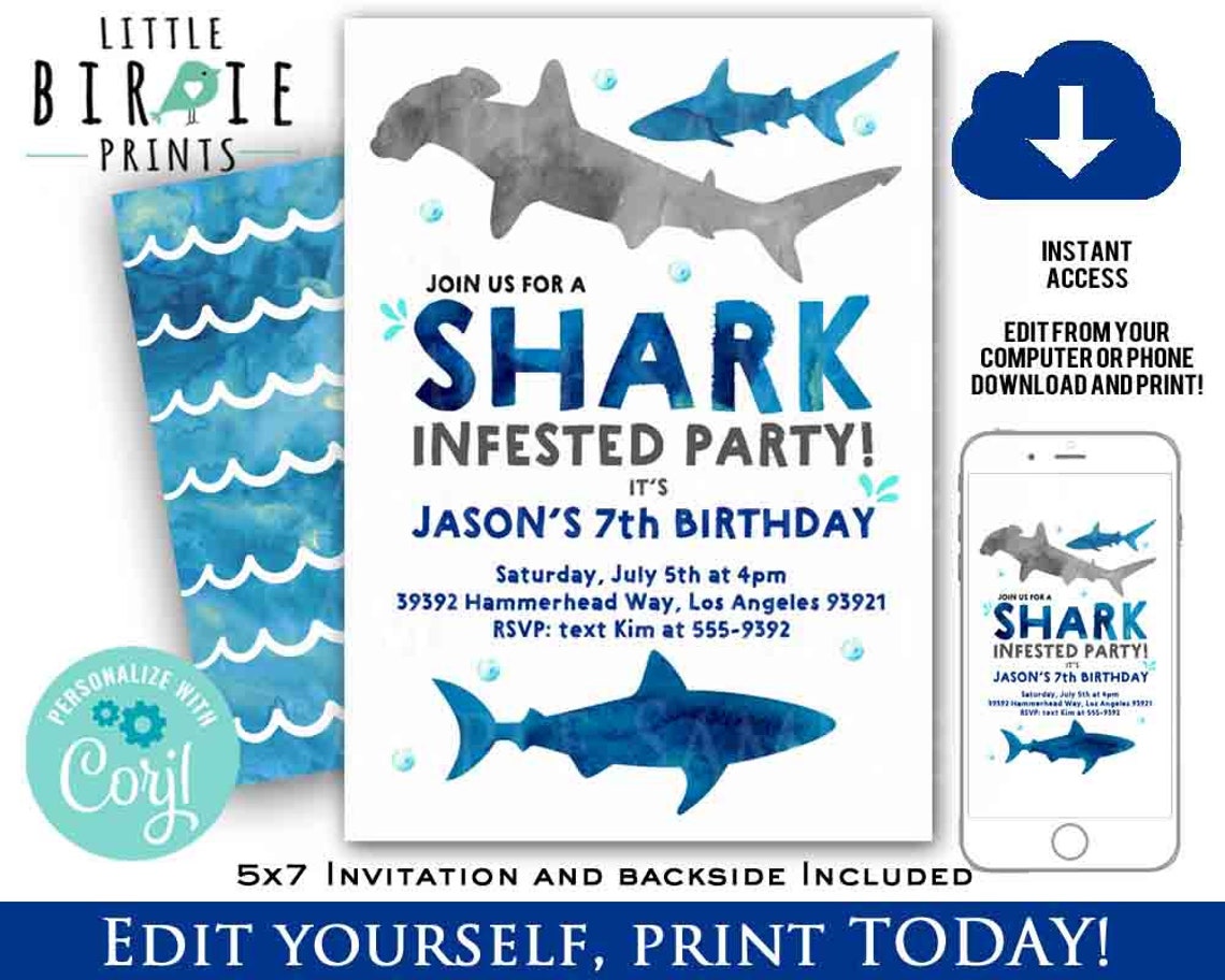 Shark Birthday Party Printables Pack Shark Invitation Shark | Etsy