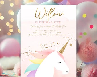 Unicorn invitation, Unicorn birthday party invitation template, Editable unicorn birthday invitation Minimalist Modern invitation rainbow