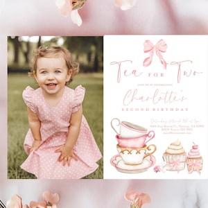 Invitation de fête d'anniversaire de thé pour deux, invitation de 2e anniversaire de thé, deuxième anniversaire de fille de noeuds roses téléchargement instantané partea