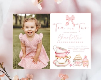 May include: A pink polka-dot dress is worn by a smiling toddler. A "Tea for Two" birthday invitation features watercolor illustrations of teacups, cupcakes, and a bow. The invitation is for Charlotte's second birthday.
