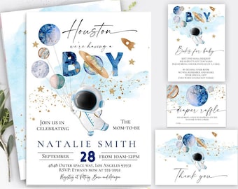 Inbjudan till babyshower med astronaut-rymden, babyshowerinbjudan med planeter och ballonger, vi har en pojke i Houston, babyshower med rymden