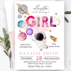 Invitación editable al baby shower espacial, Pink Girl Astronaut La cuenta regresiva ha comenzado invitación Galaxy Blast off to the moon girl planets