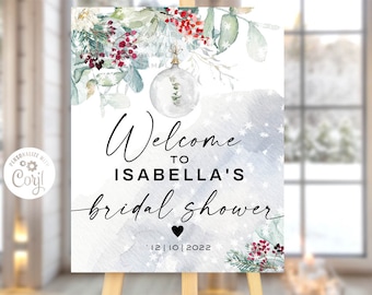 Editable WINTER Bridal Shower welcome sign, Red berries Greenery Eucalyptus Bridal Shower decorations, Snow bridal shower Flowers, Christmas