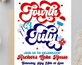 4th of July invitation, July 4th Party invitation, Independence Day party Fireworks bbq pool party, Red white and blue America USA