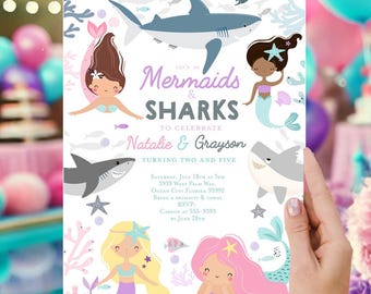 May include: Invitation to a mermaid and shark themed birthday party for Natalie and Grayson. The invitation features colorful illustrations of mermaids and sharks, with the text "Let's be Mermaids & Sharks to celebrate Natalie & Grayson turning two and five".